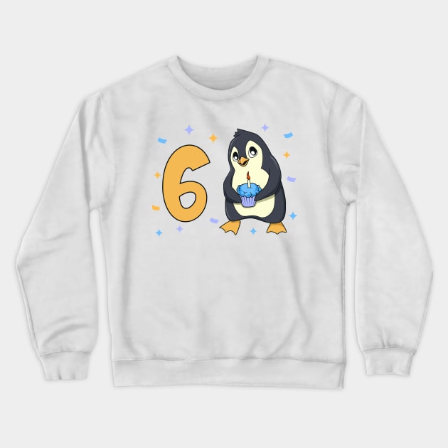 I am 6 with penguin - kids birthday 6 years old Crewneck Sweatshirt by Modern Medieval Design